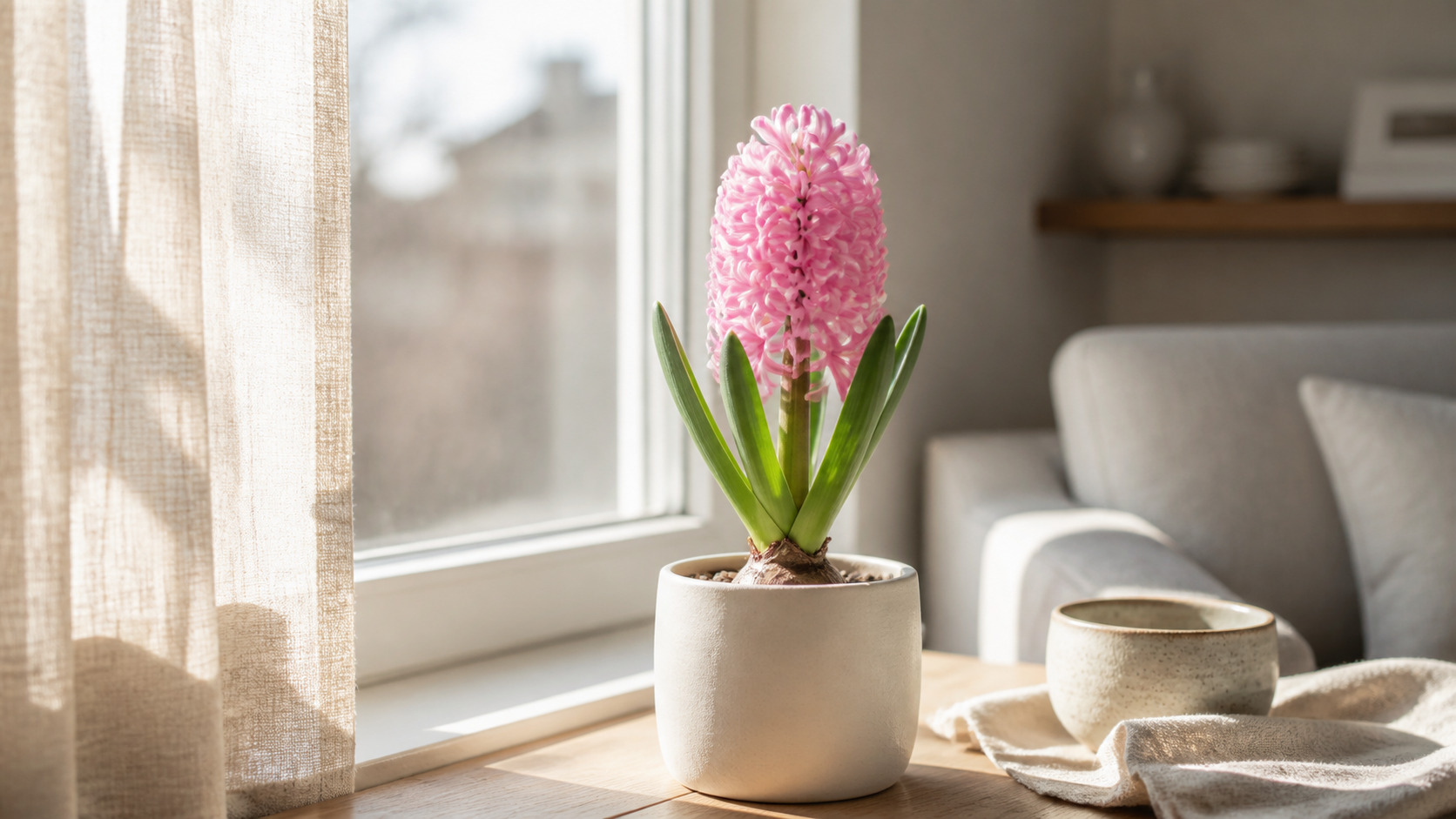 Розовый гиацинт сорта Pink Pearl в белом керамическом горшке у окна