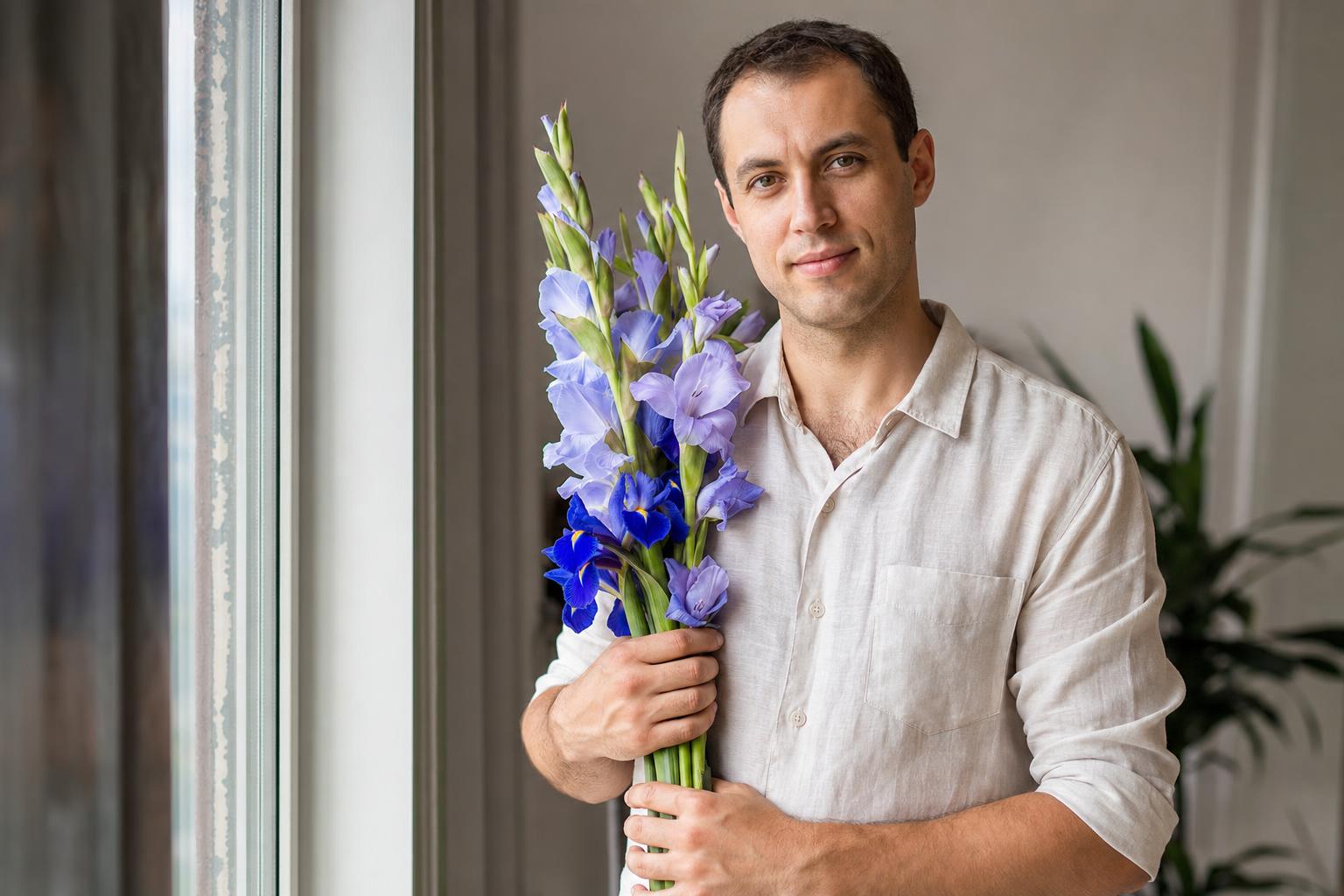 какой цветок ассоциируется с именем Алексей — мужчина с букетом