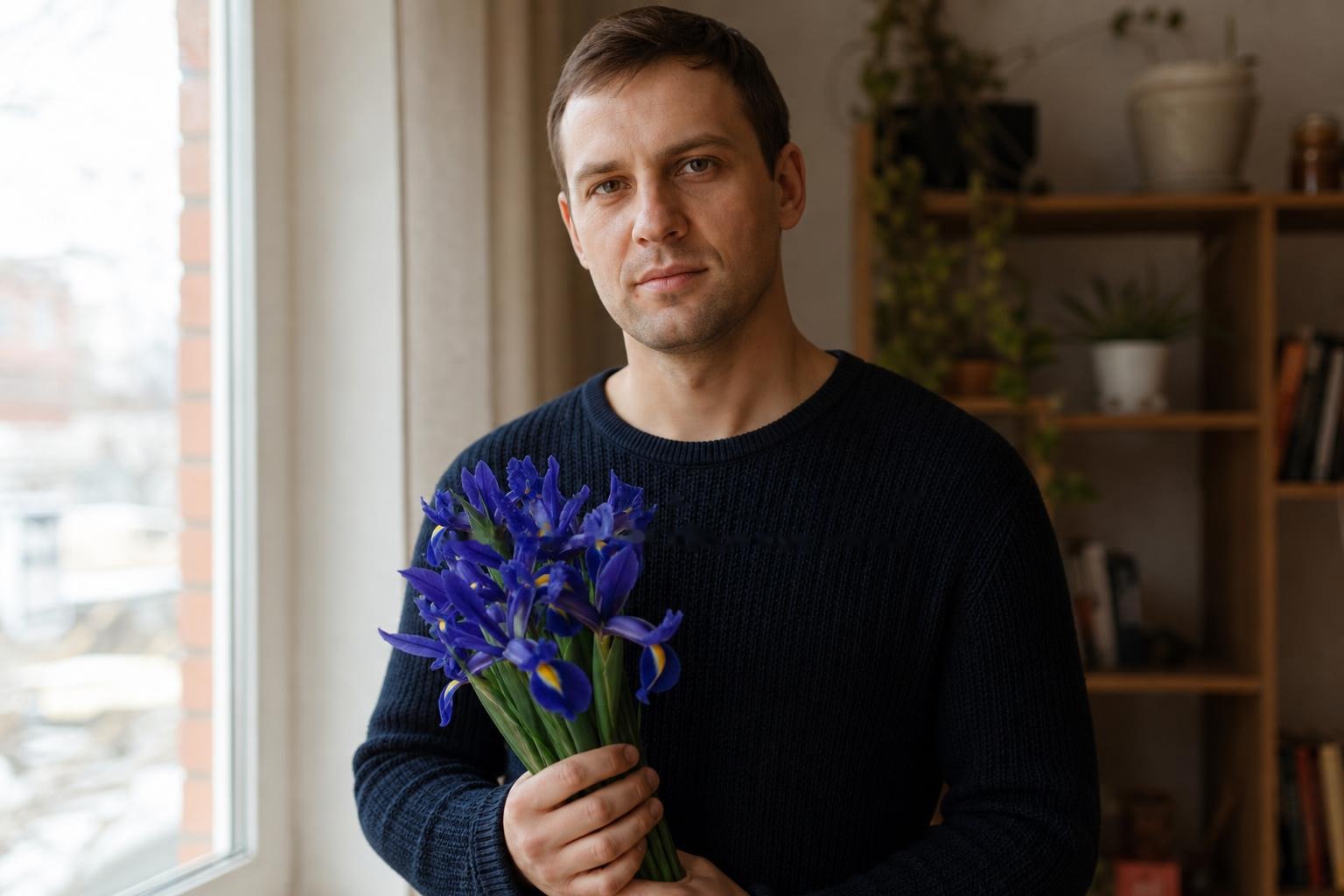 какой цветок ассоциируется с именем Кирилл — мужчина с букетом ирисов