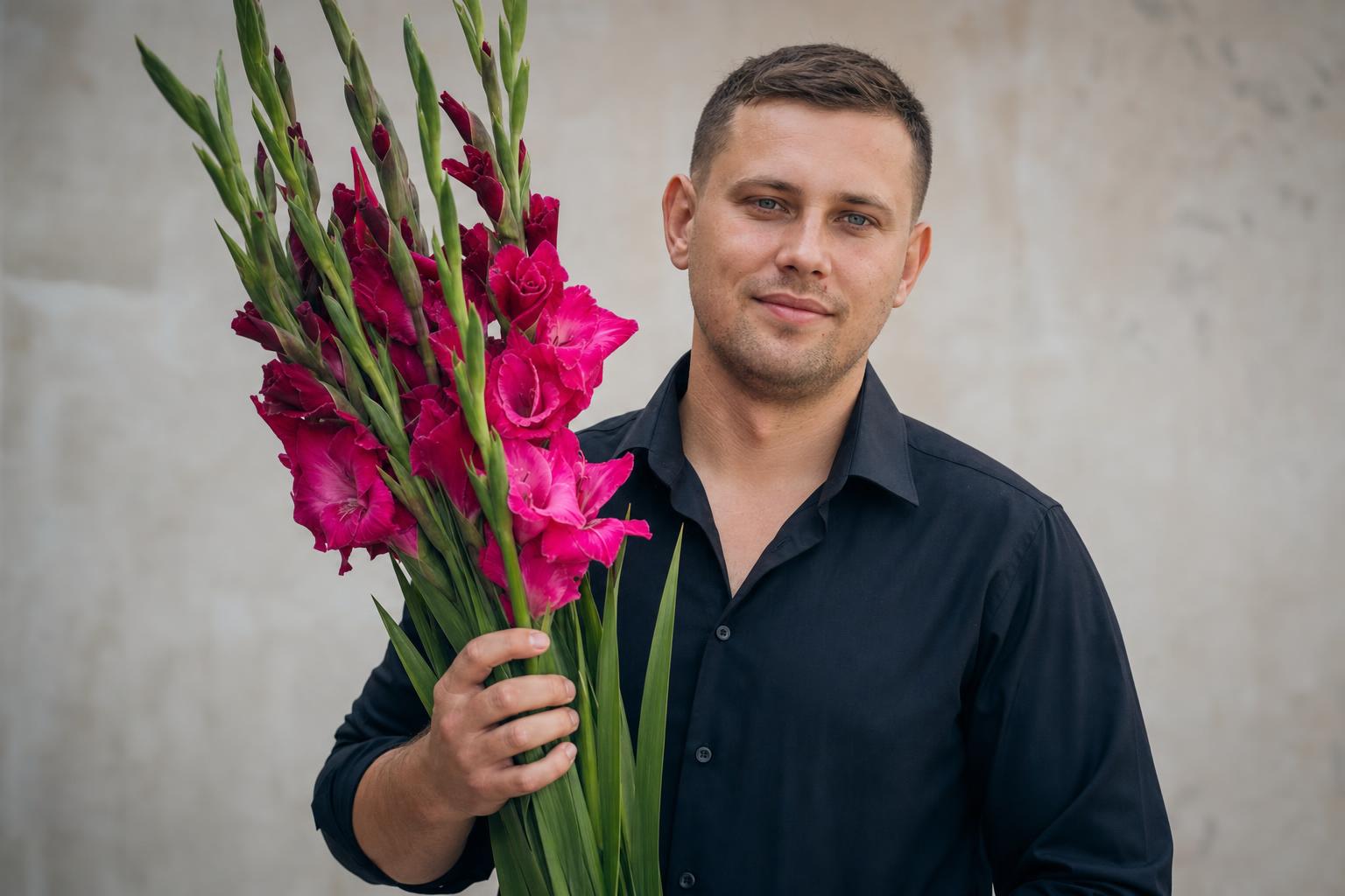 какой цветок ассоциируется с именем Коля — мужчина с букетом гладиолусов