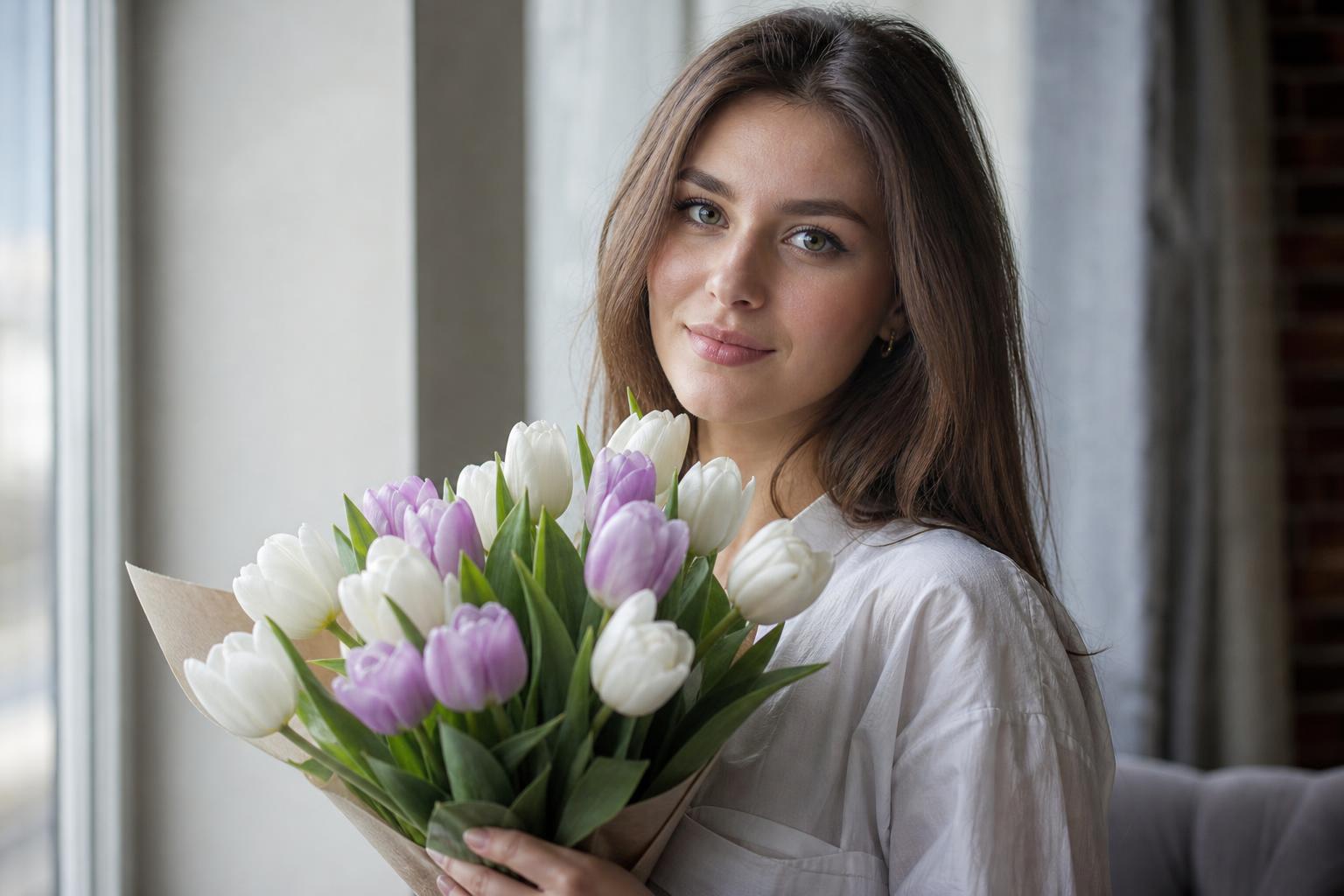 какой цветок ассоциируется с именем Лейсан — девушка с букетом тюльпанов