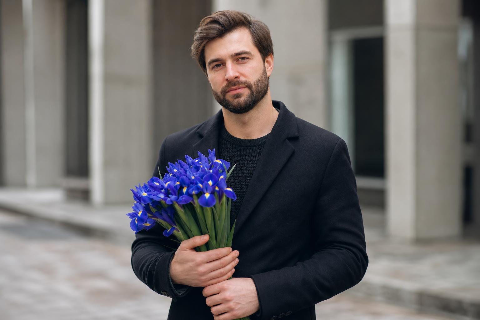 какой цветок ассоциируется с именем Максим — мужчина с букетом ирисов