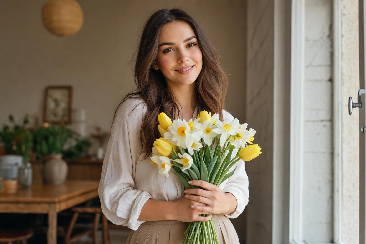 цветок имени Марта — девушка с весенним букетом