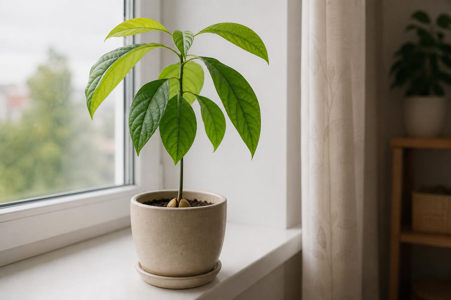 Young avocado plant pot