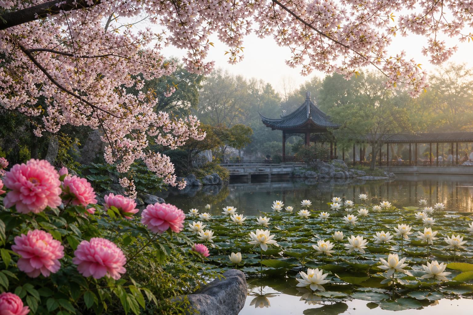 Aziatskiy sad lotos pion sakura