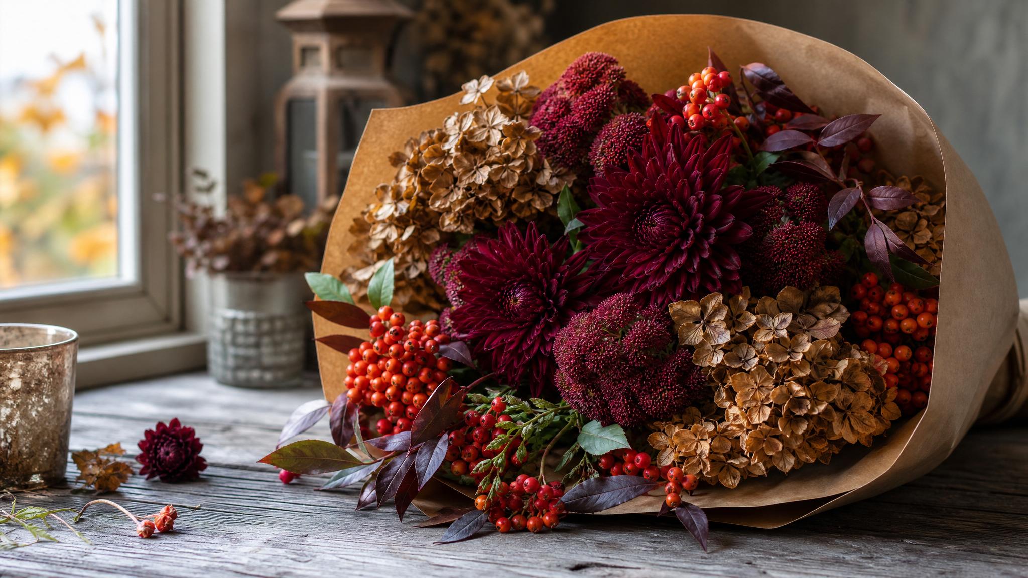 Osenniy buket bordo hrizantemy sedum