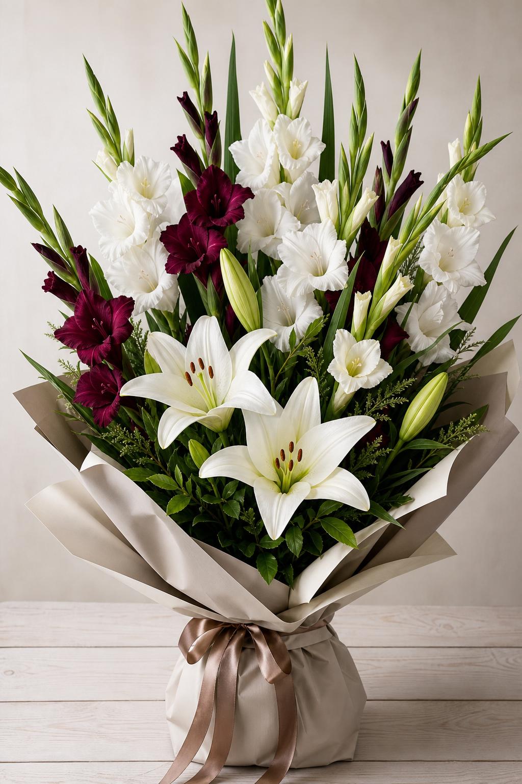 Buket belye lilii gladiolusy
