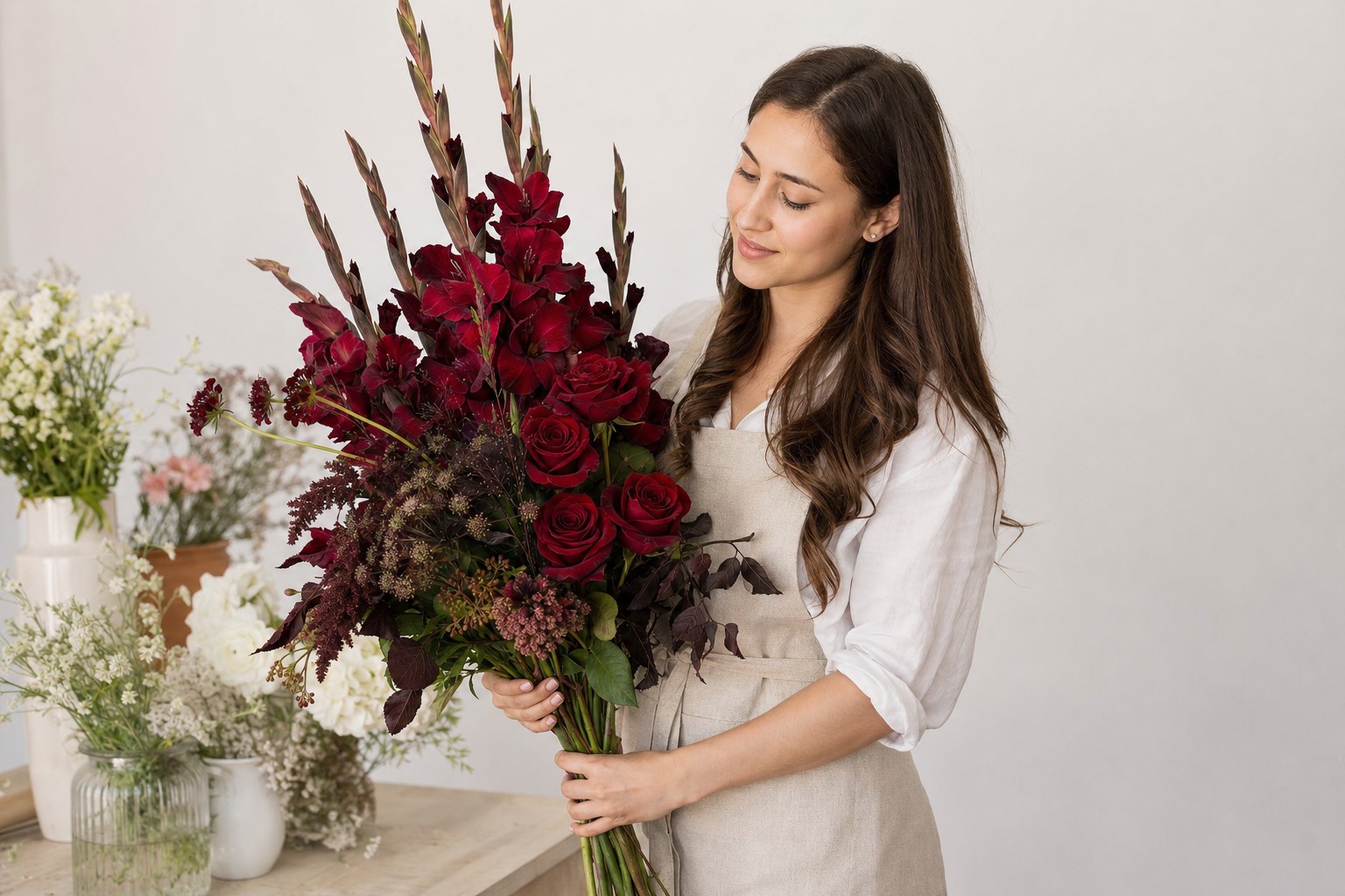 Devushka florist buket gladiolusy rozy timur
