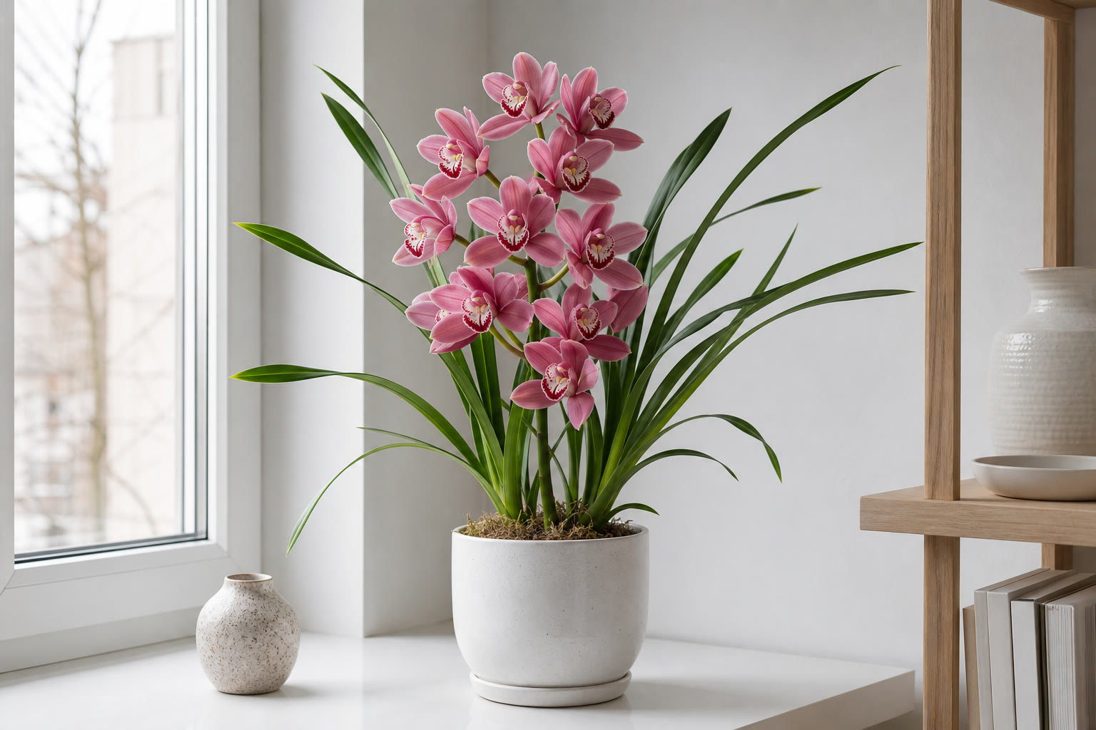 Tsimbidium v gorshke na podokonnike