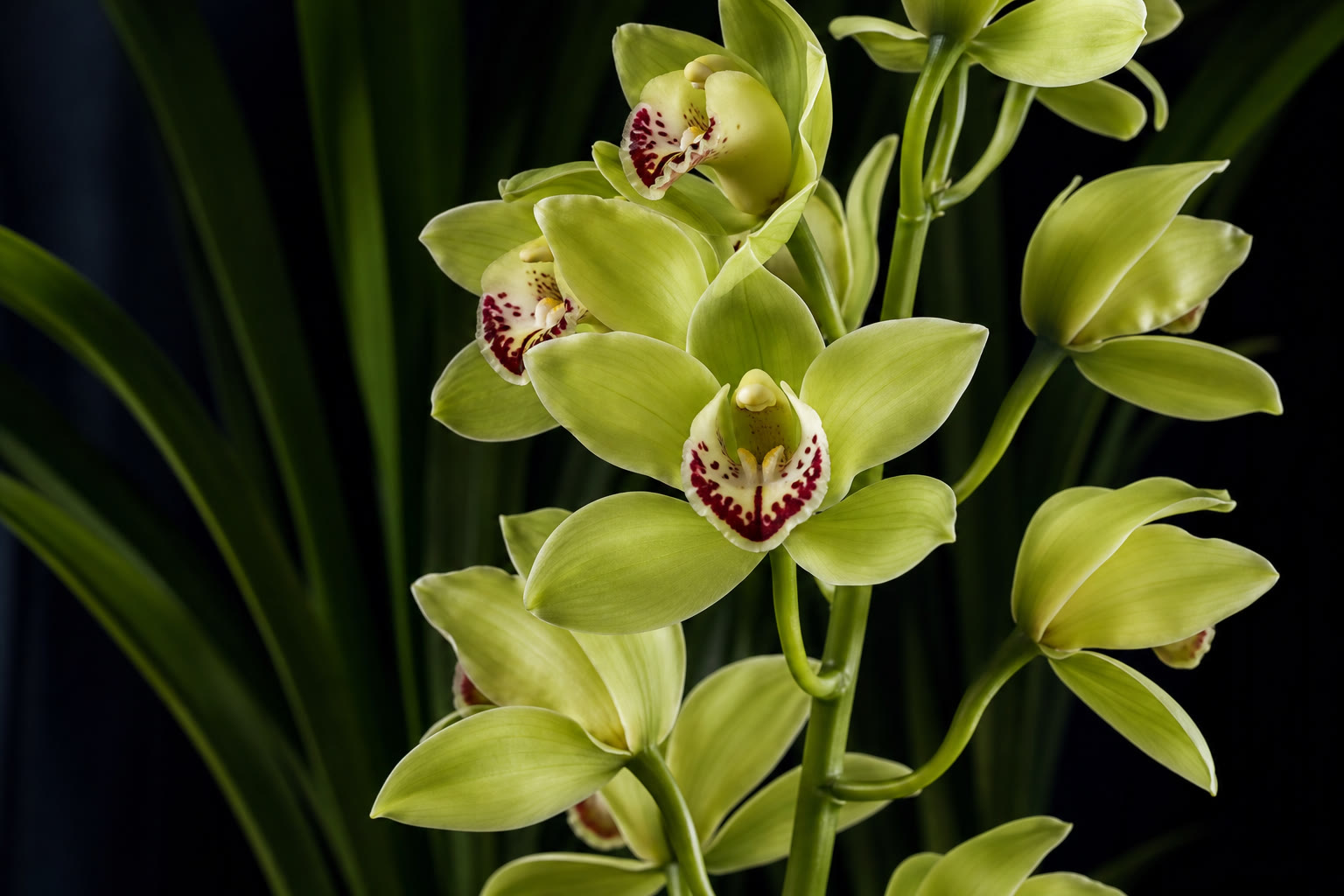 Tsimbidium zelenyy tsvetonos krupnyy plan