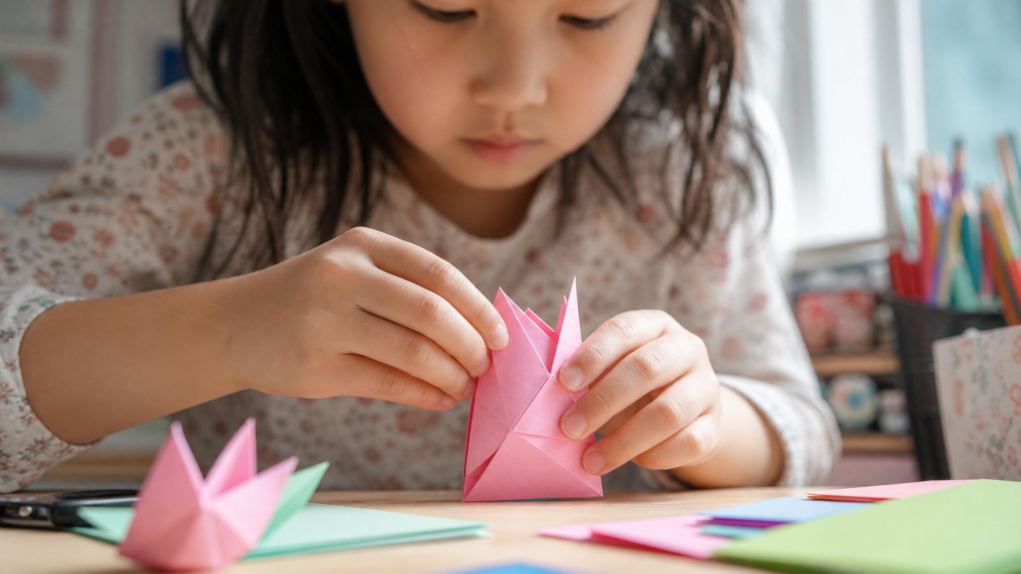Rebenok skladyvaet origami