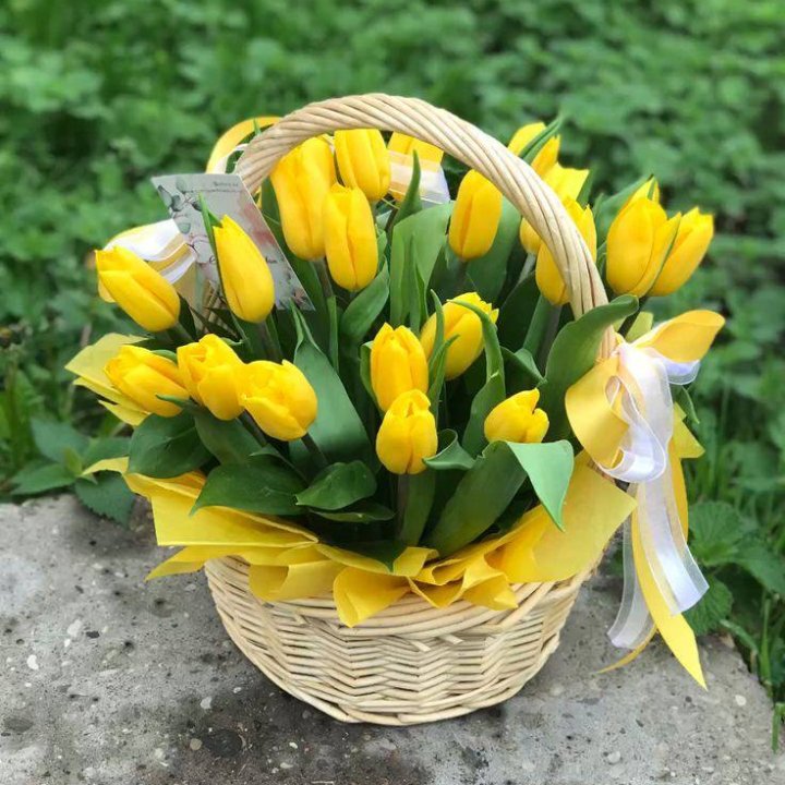 25 желтых тюльпанов в корзине в Москве